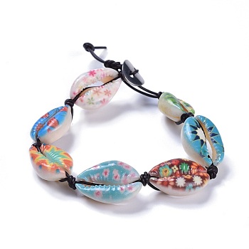 Printed Cowrie Shell Bead Bracelets, with Cowhide Leather Cord and 304 Stainless Steel Buttons, Colorful, 8-1/4 inch(21cm)