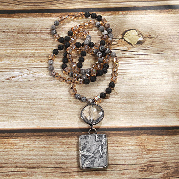 Rectangle & Flat Round Bohemian Style Natural Picasso Jasper with Glass Pendant Necklaces, 33.86~34.65 inch(86~88cm)