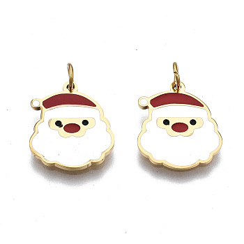 316 Surgical Stainless Steel Enamel Charms, with Jump Rings, for Christmas, Santa Claus, White, Real 14K Gold Plated, 13.5x11.5x1mm, Jump Ring: 3.8x0.6mm, 2.6mm inner diameter