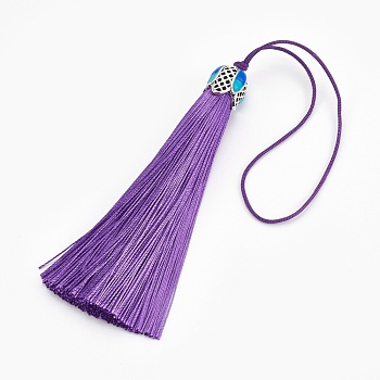 Polyester Tassel Pendant Decorations, with Cloisonne Findings, Slate Blue, 180~185mm
