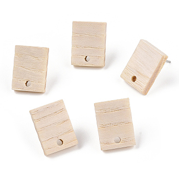 Ash Wood Stud Earring Findings, with 304 Stainless Steel Pin, Rectangle, 15.5x11.5mm, Hole: 1.8mm, Pin: 0.7mm