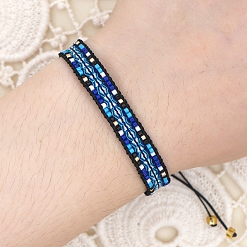 Friendship Loom Pattern Miyuki Seed Beads Bracelets for Women Men, Adjustable Nylon Cord Braided Bead Bracelets, Dark Blue, 11 inch(28cm)