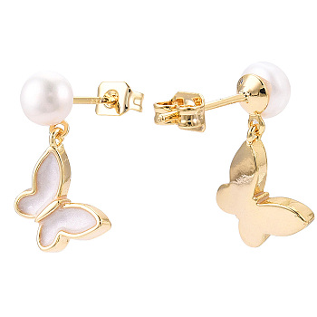 Natural Pearl Dangle Stud Earrings, Brass Enamel Butterfly Drop Earring with 925 Sterling Silver Pins, Real 18K Gold Plated, 18x11mm, Pin: 12x0.8mm