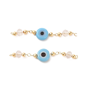 Handmade Evil Eye Lampwork with Glass Handmade Beaded Links Connectors, with Rack Plating Real 18K Gold Plated Brass Findings, Light Sky Blue, 36mm, Hole: 1mm