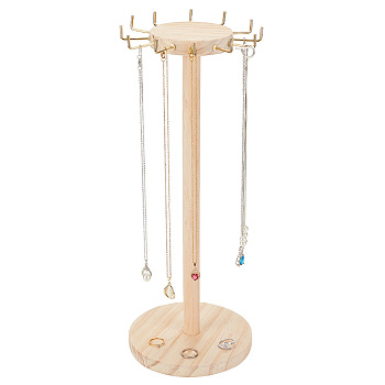 Round Wood Jewelry Necklace Display Organizer Hanging Tower Rack, with Golden Tone Zinc Alloy Hooks, for Necklaces, Bracelets Storage, Bisque, Finish Product: 15.1x41cm