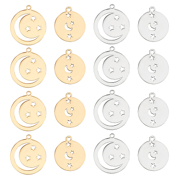 DICOSMETIC 16Pcs 4 Style 201 Stainless Steel Pendants, Laser Cut Pendants, Flat Round with Moon & Star, Golden & Stainless Steel Color, 15.5~18x13.5~16x1~1.5mm, hole: 1.2~1.4mm, 4pcs/style