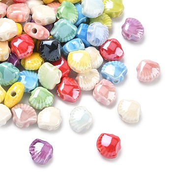 Handmade Porcelain Beads, Shell Shape, Bright Glazed Porcelain, Mixed Color, 9.5x11.5x6.5mm, Hole: 1.8~2mm