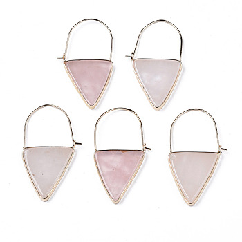 Natural Rose Quartz Triangle Dangle Hoop Earrings, Brass Drop Earrings for Women, Light Gold, 43~45x23~26x3.5mm, Pin: 0.8mm