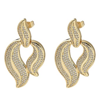 Rack Plating Brass Micro Pave Cubic Zirconia Dangle Stud Earrings, Leaf, Real 16K Gold Plated, 44x24mm