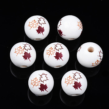 Autumn Theme Printed Natural Wood Beads, Round with Maple leaf, Dark Red, 15.5x14.5mm, Hole: 4mm