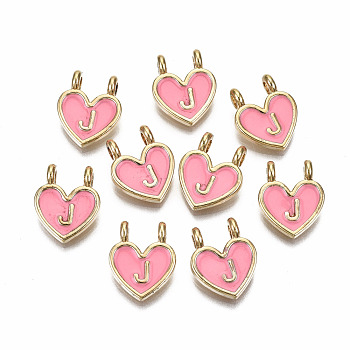 Alloy Enamel Charms, Cadmium Free & Lead Free, Heart with Initial Letters, Light Gold, Hot Pink, Letter.J, 14.5x11.5x4.5mm, Hole: 2mm