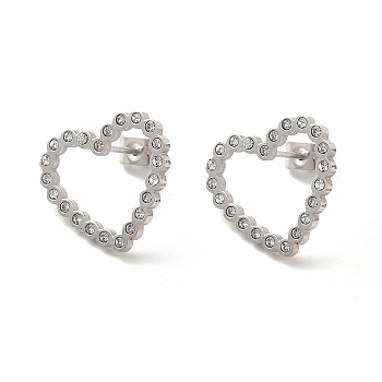 Crystal Rhinestone Hollow Out Heart Stud Earrings, 304 Stainless Steel Jewelry for Women, Stainless Steel Color, 16x18x1.5mm, Pin: 0.8mm