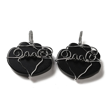 Natural Obsidian Copper Wire Wrapped Pendants, Cloud Charms, Rack Plating, Platinum, 47~49x44.5~46x13~13.5mm, Hole: 6~7.5x4.5~5mm