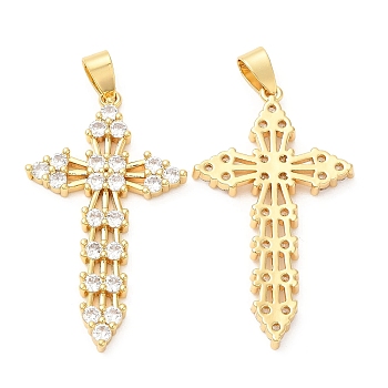 Brass Micro Pave Cubic Zirconia Pendants, Lead Free & Cadmium Free, Long-Lasting Plated, Cross, Real 18K Gold Plated, 45.5x27x4mm, Hole: 6.5x4mm