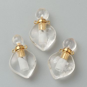Natural Quartz Crystal Pendants, Rock Crystal Pendants, with Golden Brass Findings, Openable Perfume Bottle, 37x21x11mm, Hole: 1.5mm