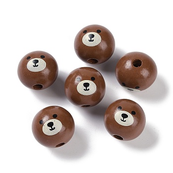 Animal Themes Printed Wood European Beads, Large Hole Round Beads with Bear Pattern, Saddle Brown, 19x18mm, Hole: 4mm