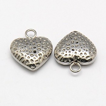304 Stainless Steel Textured Pendants, Bumpy, Puffed Heart, Stainless Steel Color, 14x12x4mm, Hole: 2mm