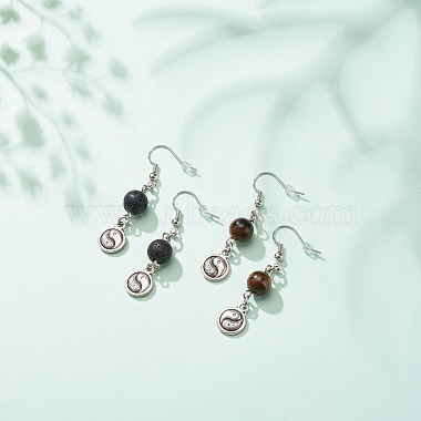 2Pair 2 Style Natural Lava Rock & Tiger Eye with Yin Yang Long Dangle Earrings(EJEW-JE04962-01)-3