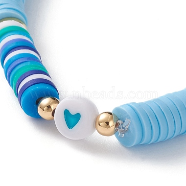 Polymer Clay Heishi Beads Stretch Bracelets, with Acrylic Enamel Heart Beads  and Brass Beads, Light Sky Blue, Inner Diameter: 2-1/4 inch(5.7cm)