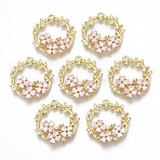 Alloy Pendants, Open Back Bezel, for Valentine's Day, with ABS Plastic Imitation Pearl, Olive Branch Wreath, Golden, Pearl Pink, 24x22.5x4mm, Hole: 1.6mm(X-PALLOY-R116-16B)