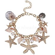Trendy Charm Bracelets, with Conch, CCB Plastic and Rhinestone Starfish, Glass Pearl Pendants, Iron & Brass Findings and Cardboard Jewelry Set Boxes, Golden, 7-3/8 inch(18.7cm)(BJEW-PH0004-04)