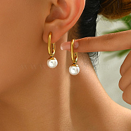 Stainless Steel Hoop Dangle Earrings, Imitation Pearl Round Dangle Earrings, Golden, White, 33x10mm(GF9048)