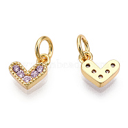 Brass Micro Pave Cubic Zirconia Charms, with Jump Ring, Heart, Real 16K Gold Plated, Nickel Free, Lavender Blush, 8x8x2mm, Jump Ring: 5x1mm, 3mm inner diameter(KK-N227-33G-09-NF)