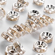 Iron Rhinestone Spacer Beads, Grade B, Straight Edge, Rondelle, Silver Color Plated, Clear, Size: about 7~8mm in diameter, 3.5mm thick, Hole: 2mm(X-RB-A009-8MM-S)