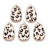 Eco-Friendly Cowhide Leather Pendants, with Golden Plated Alloy Cabochon Settings, teardrop, with Leopard Print Pattern, Linen, 35x21x2~3mm, Hole: 1.8mm(FIND-N049-03P)