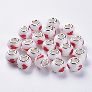 Handmade Lampwork European Beads, Large Hole Beads, with Silver Color Plated Brass Double Cores, Rondelle, Red, 14x11mm, Hole: 5mm(X-LAMP-S193-008E)
