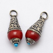 Brass Teardrop Pendants, with Resin Imitation Gemstone and Antique Silver, Red, 26~28x11mm, Hole: 4mm(X-PALLOY-F127-B-06)