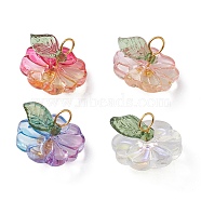 Transparent Glass Flower with Acrylic Leaf Pendants, with Brass Loops, Mixed Color, 12x14mm, Hole: 3mm(PALLOY-JF02260)