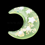 Resin Cabochons, with Shell Chip, Moon with Star, Pale Green, 36x31x7mm(X-CRES-S304-88D)