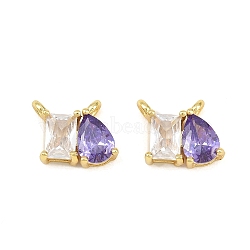 Brass Pave Cubic Zirconia Charms, Rectangle with Teardrop Charms, Rack Plating, Long-Lasting Plated, Lead Free & Cadmium Free, Golden, Medium Purple, 9x10.5x4mm, Hole: 1.5mm(CU-CBA6A75-03G-01)