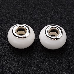 Resin European Beads, Large Hole Rondelle, with Silver Color Plated Brass Cores, White, 14x9mm, Hole: 5mm(RPDL-J047-A010)
