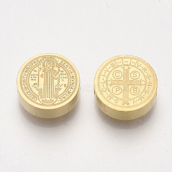 PVD Vacuum Plating 304 Stainless Steel Beads, Flat Round with Saint Benedict Medal, Golden, 7.5x3mm, Hole: 2mm(STAS-S079-169C-G)