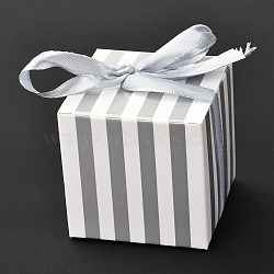 Square Foldable Creative Paper Gift Box, Stripe Pattern with Ribbon, Decorative Gift Box for Weddings, Silver, 55x55x55mm(CON-P010-C04)