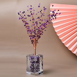 Natural Amethyst Chips Tree of Life Decorations, Mini Resin Cuboid Shape Vase with Copper Wire Feng Shui Energy Stone Gift for Women Men Meditation, 250mm(TREE-PW0002-06F)