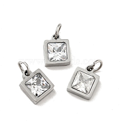 304 Stainless Steel Pendants, with Cubic Zirconia and Jump Rings, Single Stone Charms, Square, Stainless Steel Color, Clear, 8.5x7x3mm, Hole: 3.6mm(STAS-D189-01P-B16)