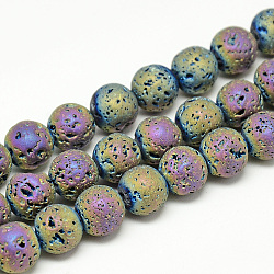 Electroplate Natural Lava Rock Beads Strands, Matte Style, Round, Multi-color Plated, 6~7mm, Hole: 1mm, about 60pcs/strand, 14.7~15.1 inch(X-G-T058-03E-6MM)