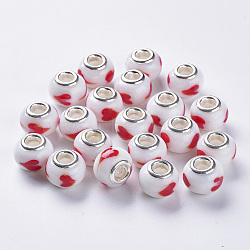 Handmade Lampwork European Beads, Large Hole Beads, with Silver Color Plated Brass Double Cores, Rondelle, Red, 14x11mm, Hole: 5mm(X-LAMP-S193-008E)