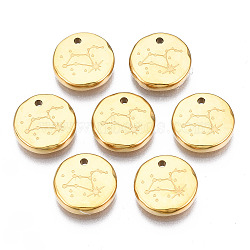 316 Surgical Stainless Steel Charms, Flat Round with Constellation, Real 14K Gold Plated, Leo, 10x2mm, Hole: 1mm(STAS-S116-418H-G)