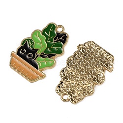 Alloy Enamel Pendants, Potted Plant with Cat Charms, Light Gold, Lawn Green, 28x18.5x1mm, Hole: 2mm(ENAM-CJC0006-83B)