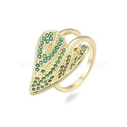Cubic Zirconia Leaf Open Cuff Ring, Real 18K Gold Plated Brass Jewelry for Women, Nickel Free, Green, US Size 6(16.5mm)(RJEW-N037-036)