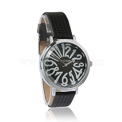 Imitation Leather Wristwatch Quartz Watches, with Alloy Watch Head, Japan PC Watch Movement, Platinum, Black, 230x14mm, Watch Head: 41.5x35x10mm(X-WACH-I014-F06)