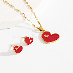 Stainless Steel Enamel Stud Earrings & Necklaces Sets, Heart, Red, 17.7 inch(45cm)(EI2079-1)