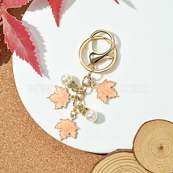 Alloy Enamel Keychain, with Plastic Imitation Pearl Pendants, Iron Ring and Alloy Lobster Claw Clasps, Maple Leaf, Sandy Brown, 9.5cm(KEYC-YW00106-04)