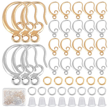 22 Pairs 2 Colors Brass Earring Hooks, with Horizontal Loops & 22Pcs Brass & 22Pcs Stainless Steel Open Jump Rings & 50Pcs Plastic Ear Nuts, Real Gold Plated & Real Platinum Plated, 15x10x2mm, Hole: 1mm, Pin: 1mm, 11 Pair/color