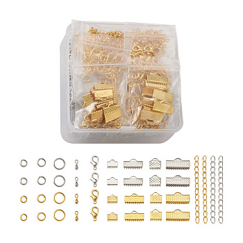 DIY Jewelry Finding Kits, with Iron Ribbon Crimp Ends & Chain Extender, Alloy Charms & Lobster Claw Clasps and Brass Jump Rings, Platinum & Golden