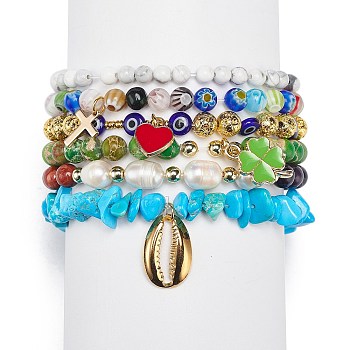 6Pcs 6 Style Natural Mixed Gemstone & Pearl & Glass Beaded Stretch Bracelets Set, 304 Stainless Steel Shell & Clover & Heart Charms Stackable Bracelets for Women, Mixed Color, Inner Diameter: 2-1/8 inch(5.3cm), 1Pc/style